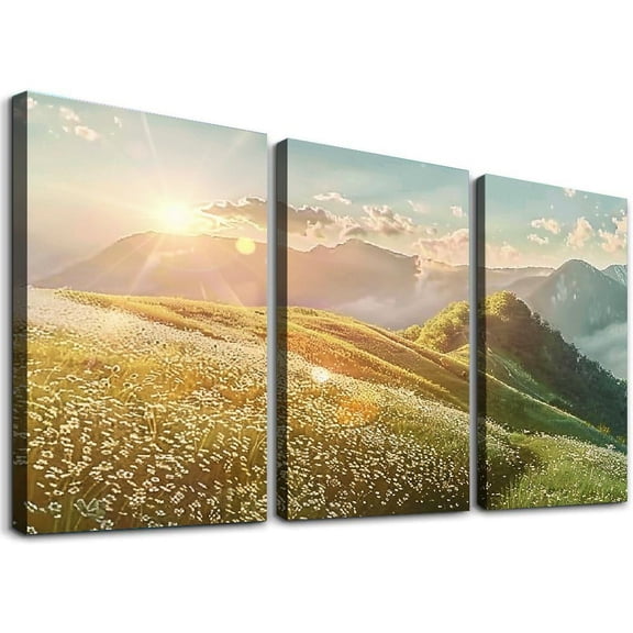 JRXY Sunrise Canvas Wall Art: Vertical Great Smoky Mountains National Park Picture Green Glassland Flowers Prints Nature Landscape Artwork for Bathroom Living Room Home Office,3 pcs 12x16x3pcs