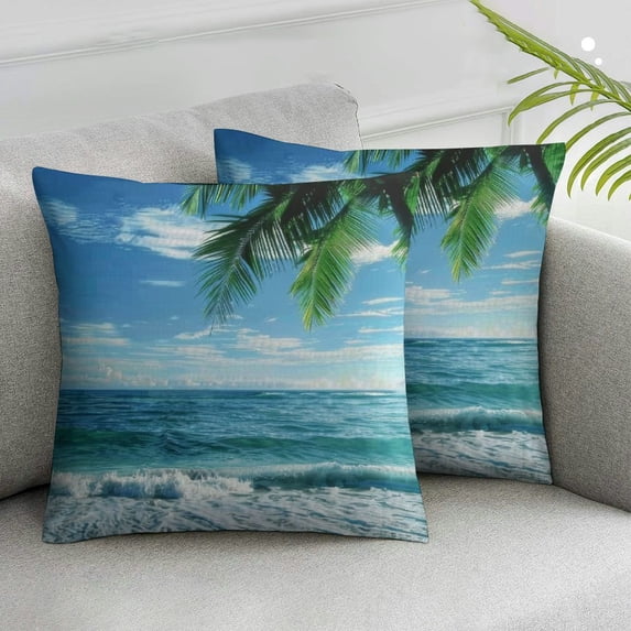 JRXY Sunset Beach Throw Pillow Case Tropical Palm Tree Blue Sky Coastline Sandy Ocean Sea Waves Pillow Cover Cushion Covers for Couch Sofa Home Farmhouse Decoration,2 Pcs White