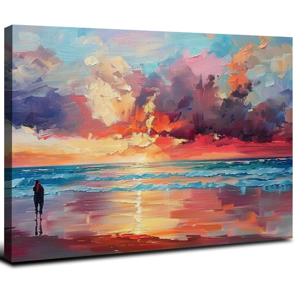 JRXY Sunset Beach Wall Art Nature Scene Canvas Poster Hanging Decorative Calm Sea Landscape Fantasy Clouds Painting Decor for Home Living Room Bedroom Mordern Lover Romance 20x16inch