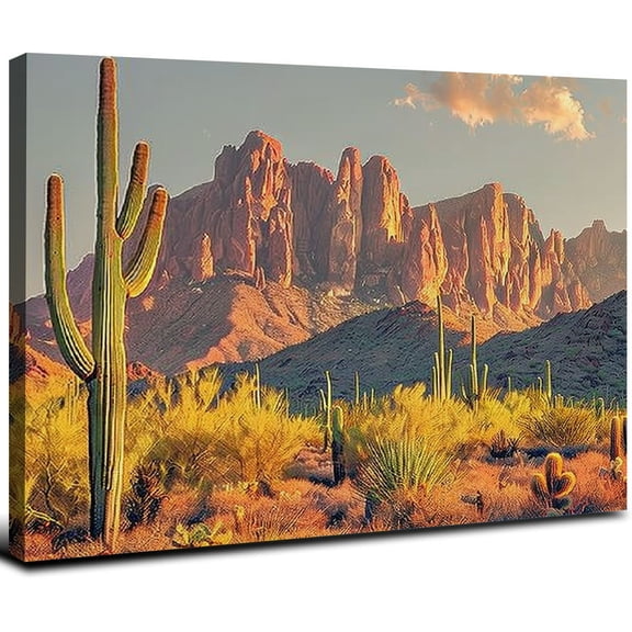 JRXY Superstition Mountains Sunset Wall Art Arizona Western Desert Cactus Paintings Canvas Art Saguaros Landscape on Canvas for Living Room 20x16inch