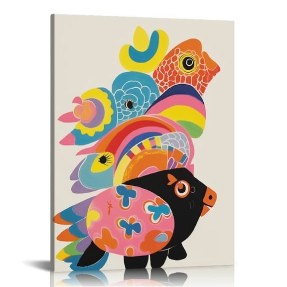 JRXY Sylvie Flying Pigs Framed Canvas Wall Art Gray, Colorful Abstract Animal Nursery Art for Wall 16x20 in