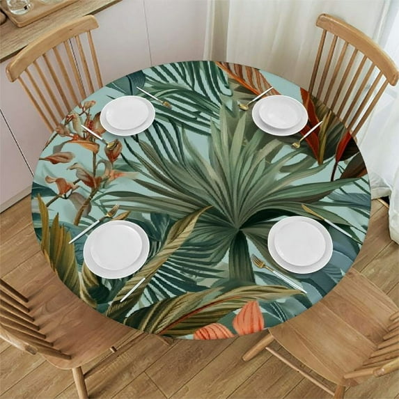 JRXY Tablecloths Palm Leaves with Lush Branches and Leaves, Tropical Jungle Palm Leaves with Charming Colors Round Table Cover White