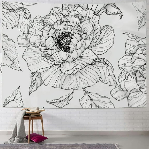 JRXY  Tapestry Grey Line Floral Black and White with Outline Rose Flowers Design Linear Home Decor Wall Hanging for Living Room Bedroom Dorm Painting