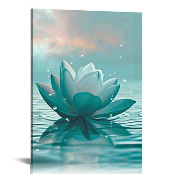 JRXY Teal Water Lily Wall Art, Abstract Boho Floral on Teal Ocean Canvas Wall Art, Fantasy Zen Spa Art Wall Art for Living Room Bedroom Bathroom Home Decor Ready to Hanging 16x20 in
