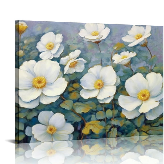 JRXY Textured Turquoise Abstract Floral Hand Painted White Flower Oil Painting on Canvas for Living Room Bedroom Home Office Wall Decor 16x12in