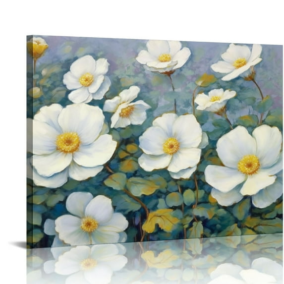 JRXY Textured Turquoise Abstract Floral Hand Painted White Flower Oil Painting on Canvas for Living Room Bedroom Home Office Wall Decor 20x16in