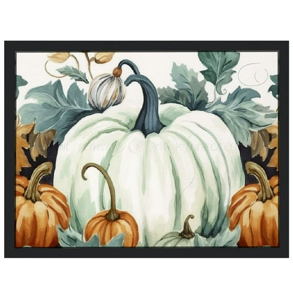 JRXY Thanksgiving Canvas Wall Art - Fall Blue Grey Pumpkin Watercolor Eucalyptus Leaves - Modern Gallery Canvas Wraps Giclee Print Stretched and Framed 16x12in