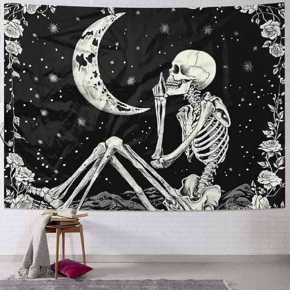 JRXY The Kissing Lovers Skull Tapestry,Black and White Romantic Constellation Skeleton Tapestries Wall Hanging decor for Living Room Bedroom Painting
