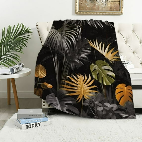 JRXY Throw Blanket Soft Cozy Plush Golden Gray Palm Leaves Pattern Blanket Lightweight Warm Fluffy Flannel, Sherpa Blanket for Couch Bed Sofa All Season and Kids Adult Gifts 70" x 80" White