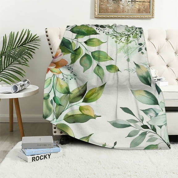 JRXY Throw Blanket, Succulent Plants Leaves Summer Watercolor Tropical Plants Green Soft Blanket Bedding Lightweight Bed Flannel Blanket for Women Men Adults White
