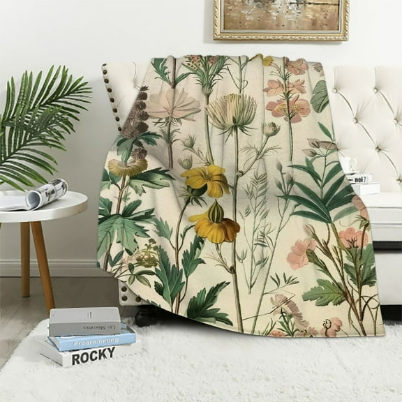 JRXY Throw Blanket Vintage Sage Green Wild Flowers Flannel Blanket Warm Plush Spring Summer Daisy Floral Leaves Blanket for Bed Couch Sofa Gifts Gift Idea Suitable for All Season White