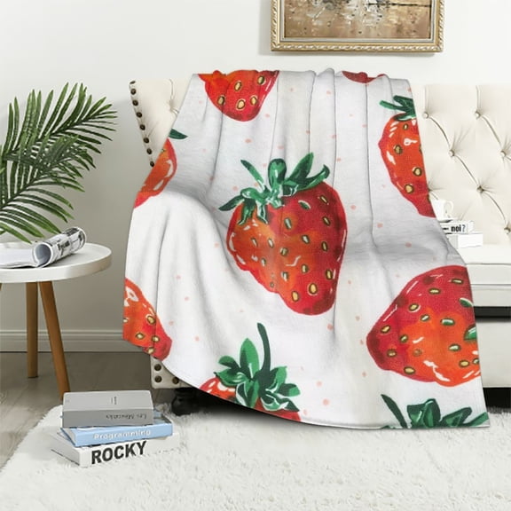 JRXY Throw Blanket for Women Adults Sherpa, Strawberry Fruit Blankets, Super Soft Fuzzy Plush Flannel Blanket Women Adults Gifts White
