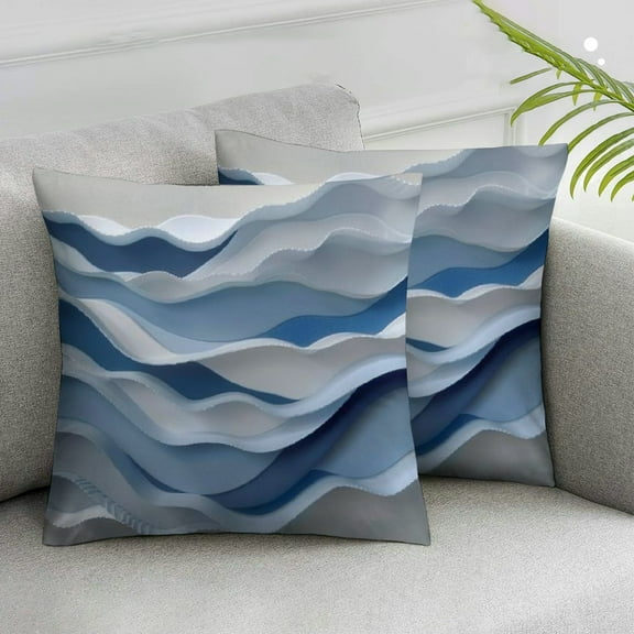 JRXY Throw Pillow Case Square Satin Cushion Cover, Abstract Ocean Waves Blue Navy Gray Summer Sea Gradient Geometric Pattern Pillowcase for Sofa Couch Living Room Bedroom,2 Pcs White