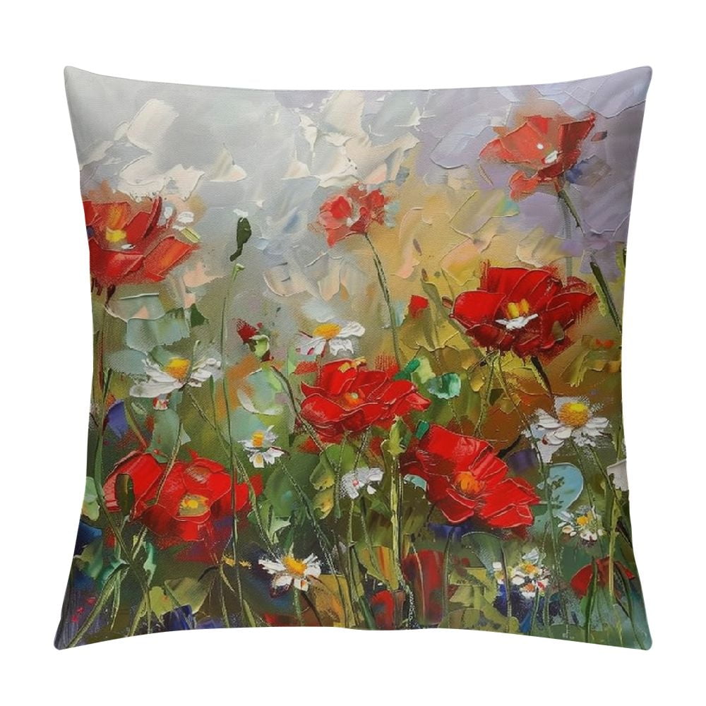 JRXY Throw Pillow Cover Poppy Flowers Oil Painting Red Spring Summer