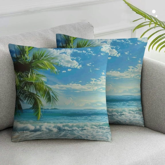 JRXY Throw Pillow Cover Tropical Beach Palm Tree Leaves Sandy Caribbean Coastline Ocean Sea Waves Scene Decor Lumbar Pillow Case Cushion for Sofa Couch Bed 2pcs White