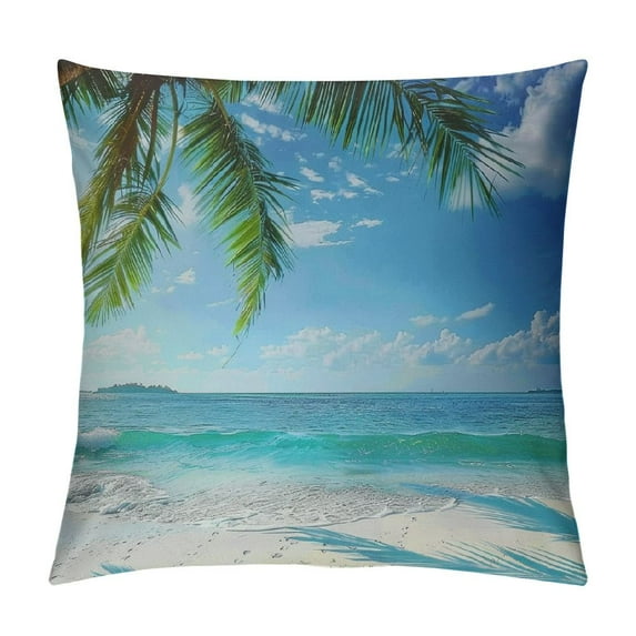 JRXY Throw Pillow Cover Tropical Beach Palm Tree Leaves Sandy Caribbean Coastline Ocean Sea Waves Scene Decor Lumbar Pillow Case Cushion for Sofa Couch Bed White