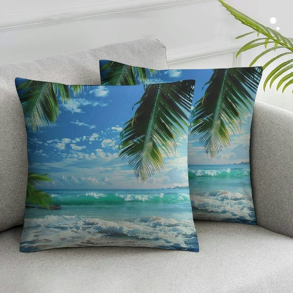 JRXY Throw Pillow Cover Tropical Beach Palm Tree Leaves Sandy Caribbean Coastline Ocean Sea Waves Scene Decor Lumbar Pillow Case Cushion for Sofa Couch Bed,2 Pcs White