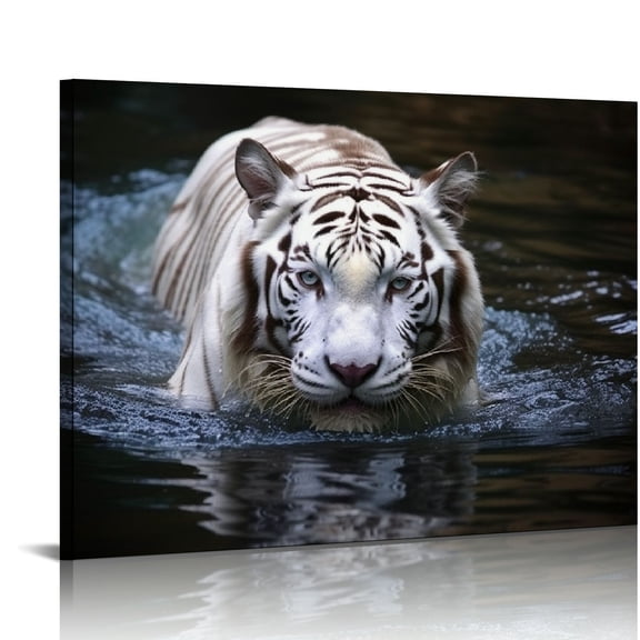 JRXY Tiger Canvas Wall Art White Tiger in River Giclee Prints Wild Animal Gallery Wrapped Framed 20x16 20x16in