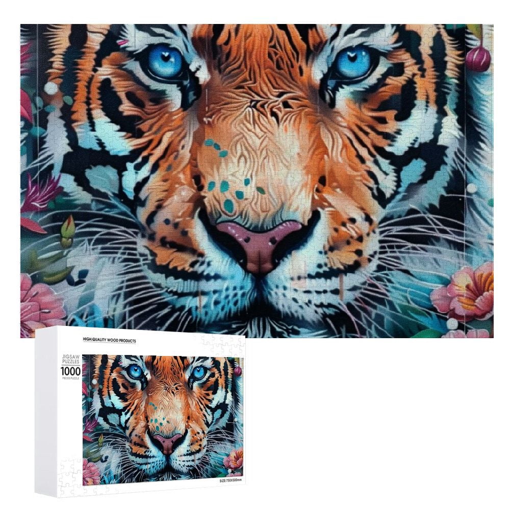 JRXY Tiger Flowers Blue Eyes Wooden Jigsaw Puzzle for Adults and Kids ...