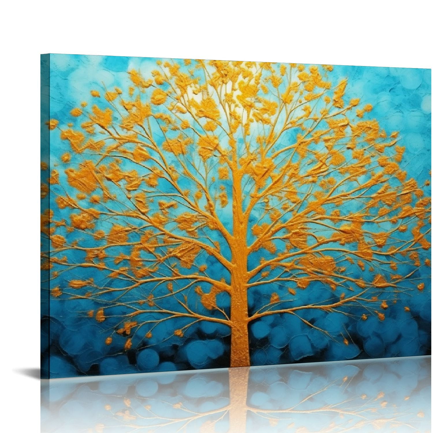 JRXY Tree Canvas Wall Art - Blue and Gold Forest Paintings with