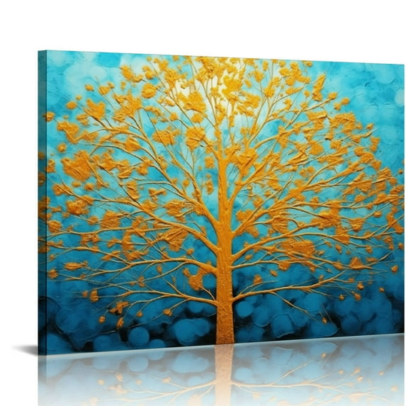 JRXY Tree Canvas Wall Art - Blue and Gold Forest Paintings with Textured - Modern Landscape Pictures for Living Room Bedroom Bathroom Decor 20x16in