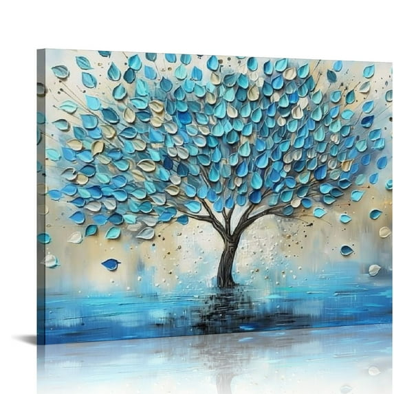 JRXY Tree Canvas Wall Art Teal Blue Tree of Life Painting Abstract Canvas Picture, Modern Large Panoramic Landscape Artwork Framed for Living Room Bedroom Bathroom Office Home Decor 20x16in