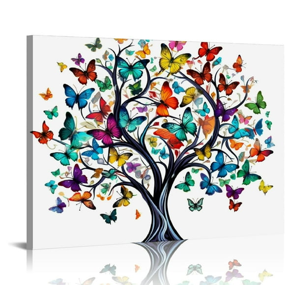 JRXY Tree of Life Canvas Wall Art Tree with Colorful Butterfly Paintings Abstract Landscape Pictures Prints for Home Office Farmhouse Giclee Artwork Stretched and Framed Ready to Hang 20x16in