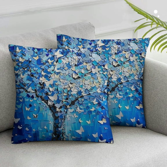 JRXY Tree of Life Throw Pillow Covers Aesthetic Butterfly Abstract Spring Classic Oil Painting Blue Soft Washable Indoor Decorations Living Room Bedroom Couch Sofa Pillow case,Set of 2 White