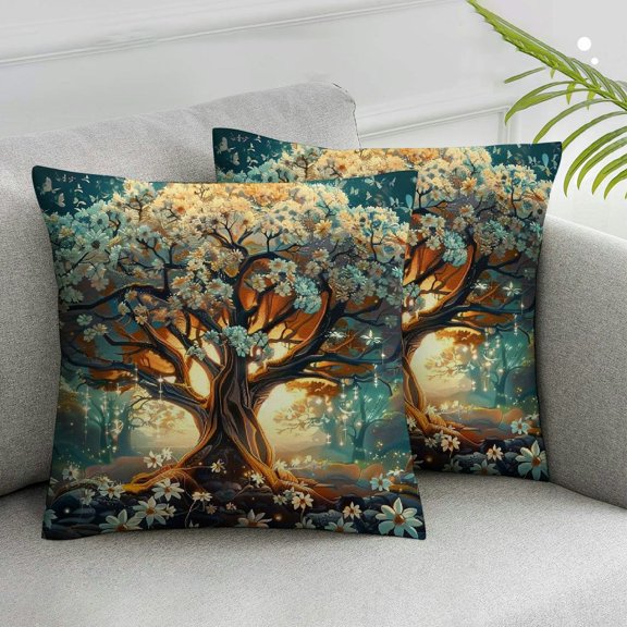 JRXY Tree of Life Throw Pillow Covers Set of 2 Enchanted Forest Aesthetic Cherry Blossoms Dreamy Fairy core Green Soft Square Home Decorative Living Room Bedroom Couch Sofa Pillow case White