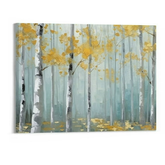 JRXY Tree Of Life Wall Art - Birch Tree Canvas Print, Gold Leaves Nature Landscape Painting, Modern Abstract Artwork Forest Picture, Tree Poster Framed For Living Room Wall Decor 20x16 Inch 20x16in