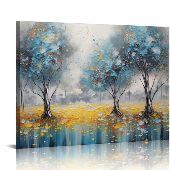 JRXY Tree Wall Art Canvas Teal Landscape Painting Blue Forest Textured Picture Modern Panoramic Abstract Nature Artwork Large Size Framed for Living Room Bedroom Bathroom Home Office Decor 20x16in