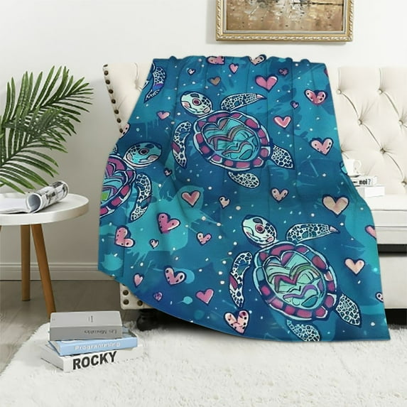 JRXY Tribal Throw Blanket, Ethnic Style Underwater Tortoise Turtle Native Folk Art, Sherpa and Velvet Plush Blanket, Blue White