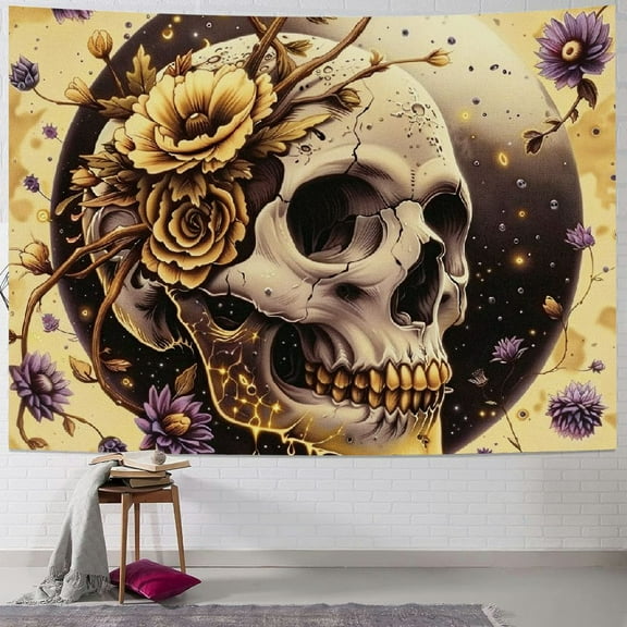 JRXY Trippy Tapestry Queen Size, Neo Traditional Floral Ornate Skull with Earthy Leaves Space Scenario, Wall Hanging Bedspread Bed Cover Wall Decor, Apricot Blue Violet Taupe Painting