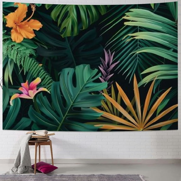 JRXY Tropical Banana Leaves Tapestry Green Palm Leaf Jungle Yellow Flowers Exotic Tropic Tapestries Wall Hanging Art Decoration for Bedroom Living Room Dorm Hotel Painting