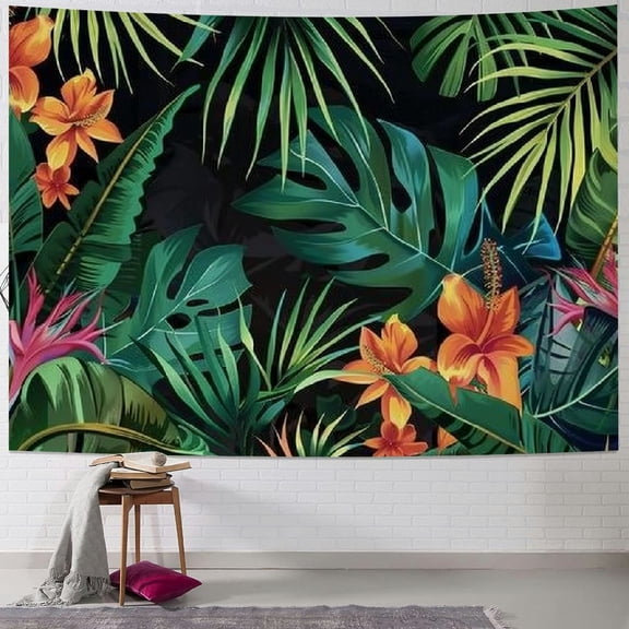 JRXY Tropical Banana Leaves Tapestry Green Palm Leaf Jungle Yellow Flowers Exotic Tropic Tapestries Wall Hanging Art Decoration Blanket for Bedroom Living Room Dorm Hotel Painting