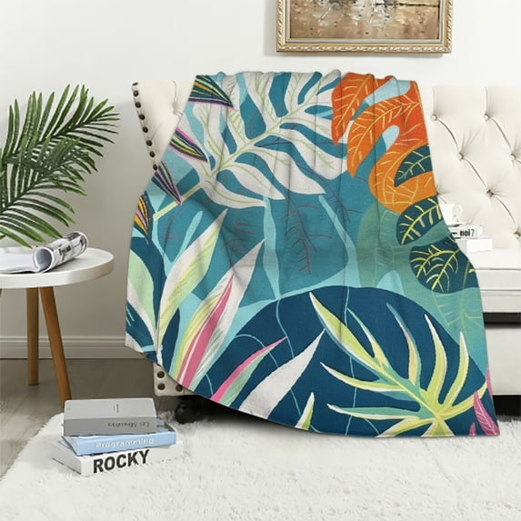JRXY Tropical Colorful Tropical Leaf Flannel Fleece Blanket White