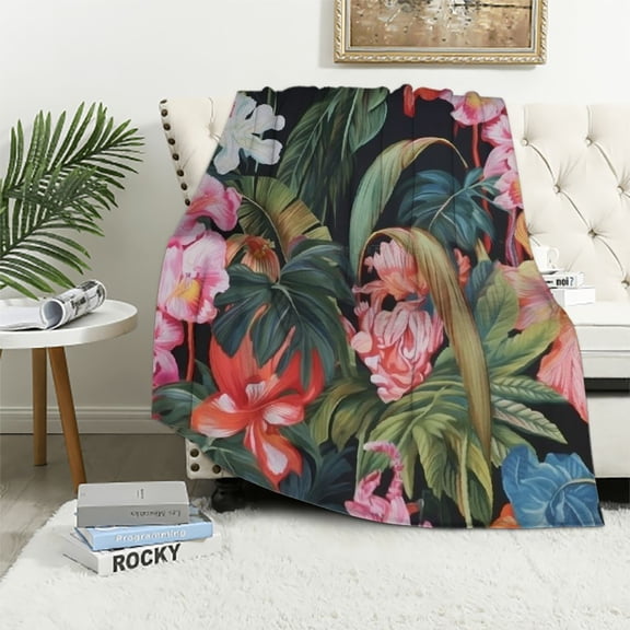 JRXY Tropical Floral Pattern Throw Blanket Palm Leaves Orchid Hawaiian Hibiscus Cosy Throw Blanket for Bedroom Sofa Couch Car Deck Chair Soft Flannel White