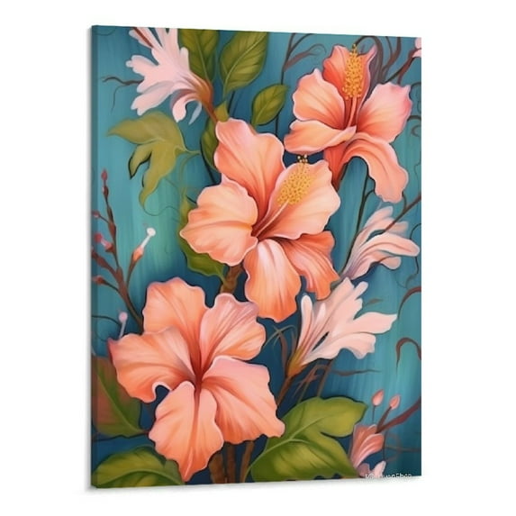 JRXY Tropical Floral Wall Art Hawaii Hibiscus Flower Paintings Canvas Picture Painting Botanical Artwork Vintage Orange and Teal Wall Decor for Living Room Bedroom Framed Ready to Hang 16x20in