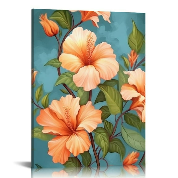 JRXY  Tropical Floral Wall Art Hawaii Hibiscus Flower Paintings Canvas Picture Painting Botanical Artwork Vintage Orange and Teal Wall Decor for Living Room Bedroom Framed Ready to Hang 12x16 in