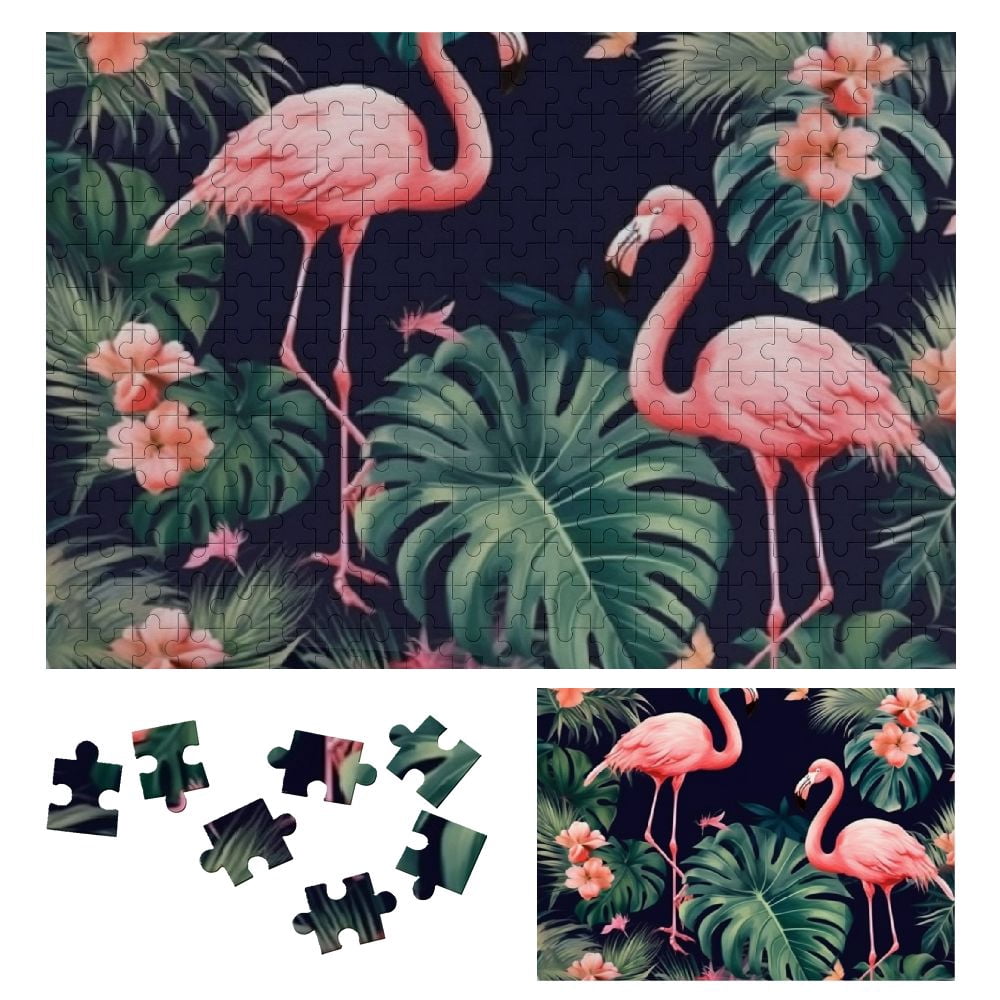 JRXY Tropical Leaves, Flamingos, Pink Flowers Wooden Jigsaw Puzzle 300 ...