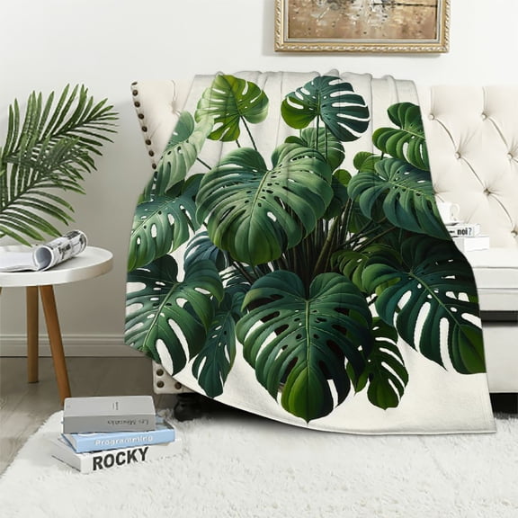 JRXY Tropical Leaves Monstera Palm Leaf Plant Print Green Flannel Fleece Blanket White