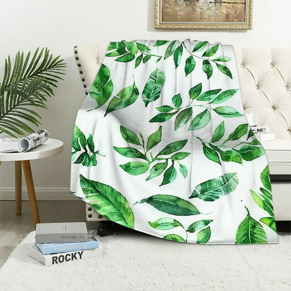 JRXY Tropical Palm Leaf Blanket Green Giant Leaves Throw Blankets for Sofa or Bed White