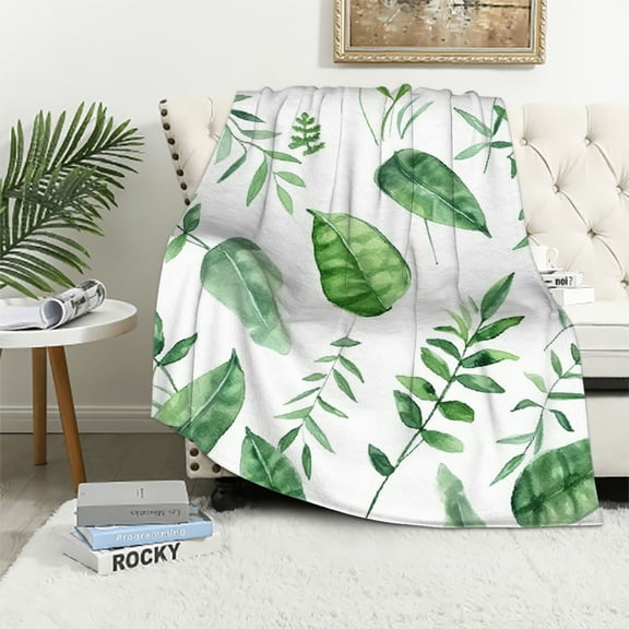 JRXY Tropical Palm Leaf Blanket Green Giant Leaves Throw Blankets for Sofa or Bed White