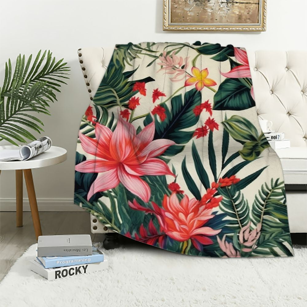 Hawaiian Tropical Palm Leaves Pattern Print Hooded Blanket