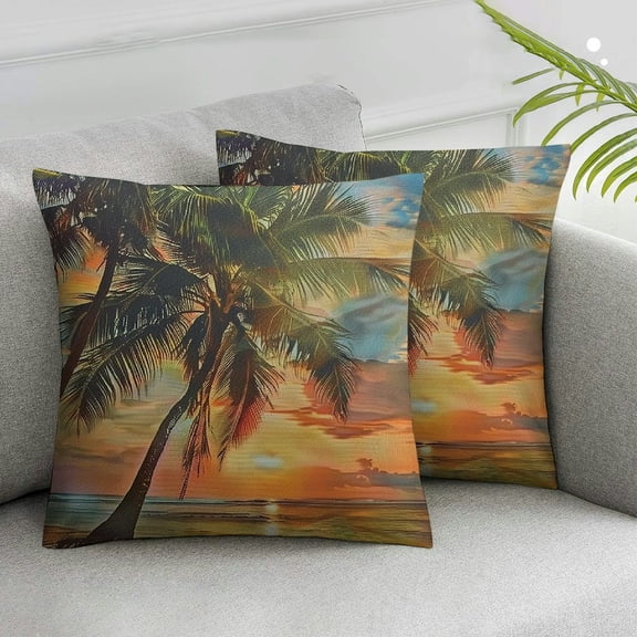 JRXY Tropical Palms Throw Pillow Covers Sunset with Palm Tree on The Beach Pillow Cushion Cases Square Pillowcases for Sofa Couch Bedroom Living Room Car,2 Pcs White