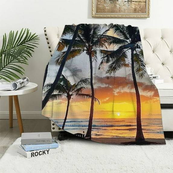 JRXY Tropical Tree Fuzzy Blanket Hawaiian Coconut Palm Tree Flannel Throw Blanket for Sofa Couch Decor Summer All Season Bed Blanket Utra Soft Colorful Plush Blanket Beach White