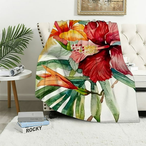 JRXY Tropical Tree Plant Blankets Twin for Couch Sofa Bed ,Watercolor Red Hibiscus Flower Throw Blanket,Palm Leaves Sherpa Blanket,Warm Elegant Flannel Blanket for Adults or Pet, Lightweight White