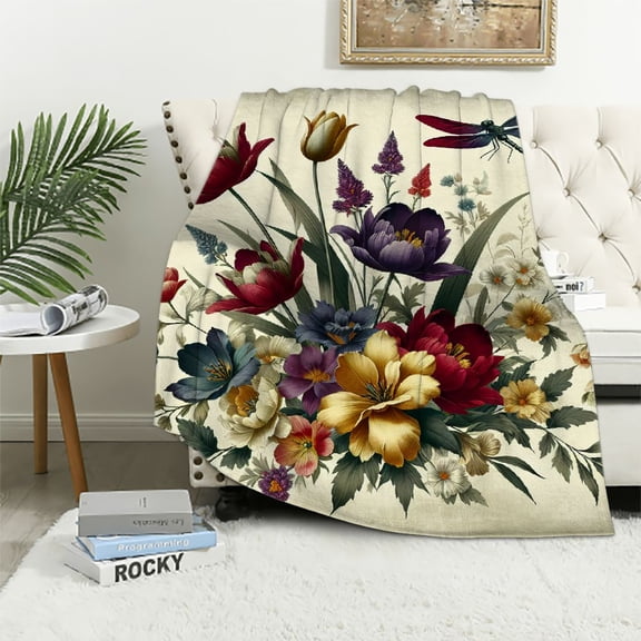 JRXY Tulip Spring Floral Flannel Fleece Blanket White