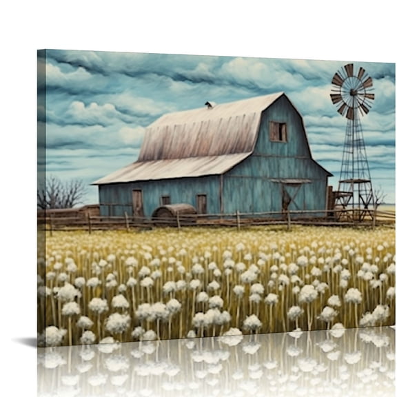 JRXY  Turquoise Barn Canvas Wall Art Rustic Teal Old Barn and Windmill Flowers Painting Prints for Kitchen Home Decor Framed 16x12in