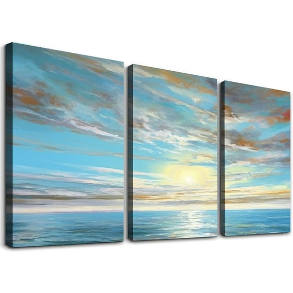 JRXY Turquoise and Gold Abstract Seascape Wall Art Handmade Modern Textured Oil Painting on Canvas for Home Office Decoration 12''x16''X3 Panels pattern3